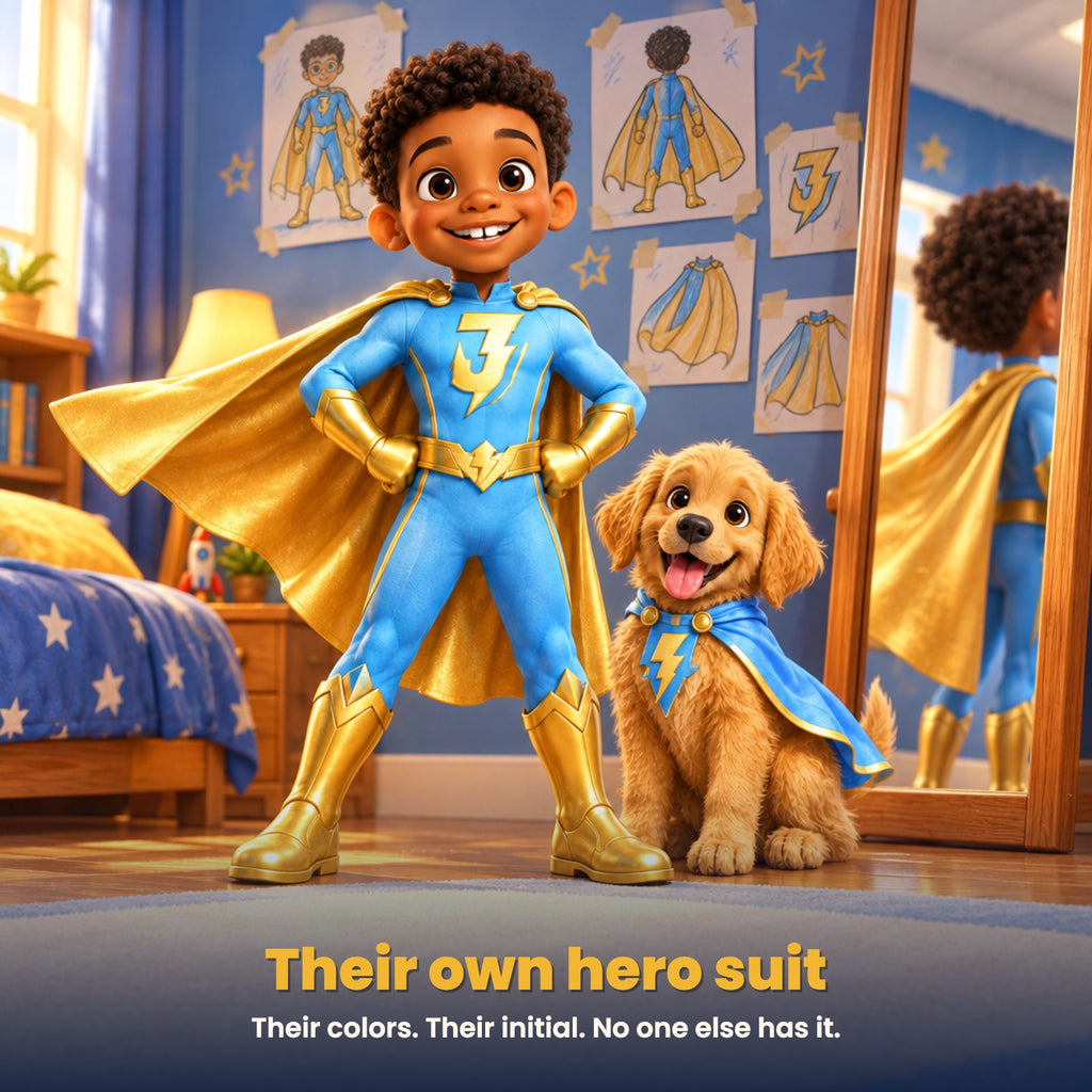 Your kid's original hero suit with their initial on the chest
