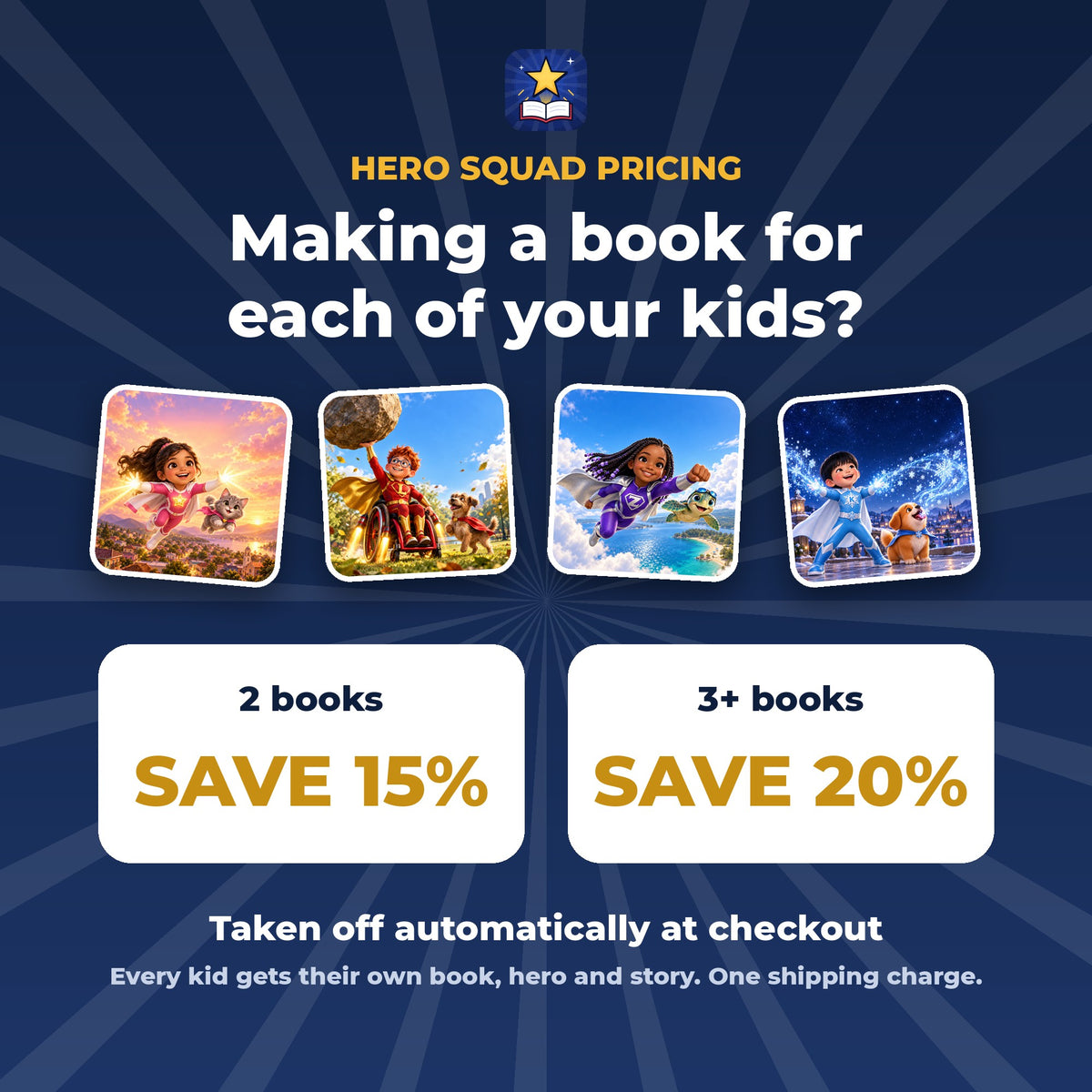 Hero Squad pricing: 2 books save 15%, 3 or more save 20%